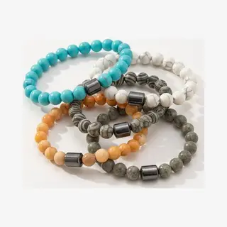 Nuvex 5-delige Natuursteen Armbanden Set – Voor Heren En Dames Elastische Kralenarmbanden – Handgemaakt – Marmer, Howliet, Turkoois & Zandsteen