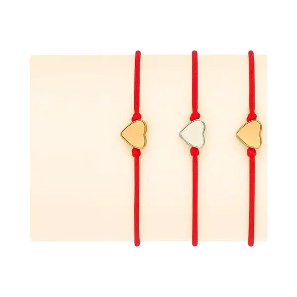 Nuvex Set Van 3 Verstelbare Armbandjes Met Rood Koord En Hartvormige Kralen – Goud- En Zilverkleurig – Vriendschapsarmbanden – Voor Dames En Meisjes thumbnail