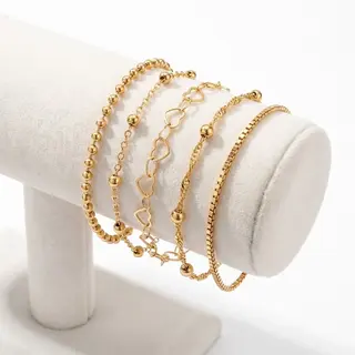 Nuvex Set Van 5 Goudkleurige Armbanden Voor Dames – Fijne Schakelarmbanden Met Hartjes, Bolletjes En Gedraaid Design – Minimalistische Dames