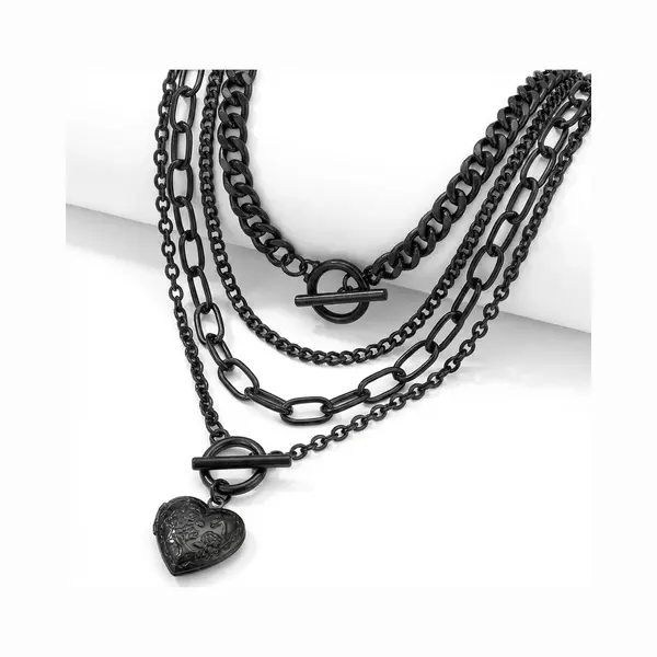 Nuvex Zwartkleurige Kettingenset Met Hartvormige Hanger – Kettingen Voor Heren En Dames – Schakelkettingen Met Fantasiehanger thumbnail