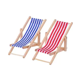 Tovbmup Miniatuur Strandstoel - 2-pack - Houten Mini Decoratieve Ligstoel - Poppenligstoel - Telefoonhouder - Blauwe En Witte Stoffen Zitting - Ca. 11