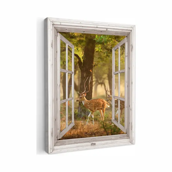 GreatGardenPosters Tuinschilderij Voor Buiten 60x80 Cm - Tuindecoratie Herten - Bos - Herfst - Bosdieren - Natuur - Hert - Doorkijk - Tuinposter Op Canvas - Tuin thumbnail