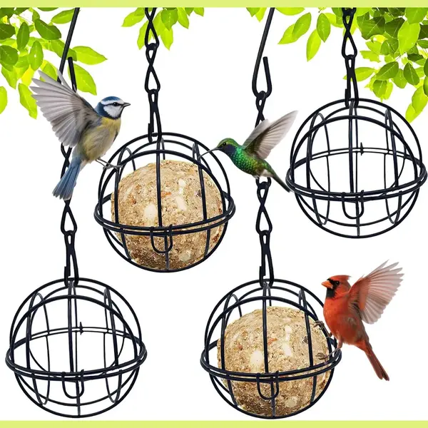Ynkkvre - Set Van 4 Vetbolhouders Met Dak - Vogelvoeder Voor Wilde Vogels - Hangende Voederkolom Met Scharnierend Deksel - Vogelvoederstation Voor thumbnail