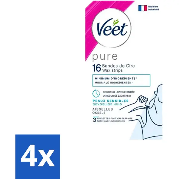 4 X Veet - Ontharingsstrips - Oksels - Hypoallergene Minima - 16 Strips - Ontharingsstrips - Oksels - Gladheid - Zachtheid - Gevoelige Huid thumbnail