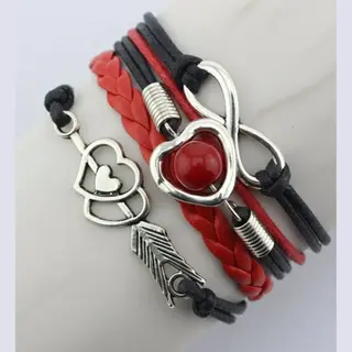 Nuvex Zwart Rood Wikkel Armband Voor Dames – Imitatieleer Armband Met Infinity Teken, Hartjes En Pijl Bedel