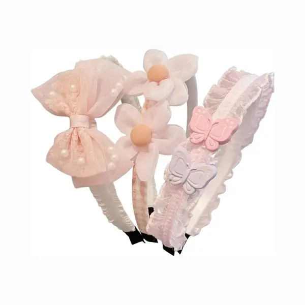 Nuvex Set Van 3 Roze Haarbanden Met Strik, Bloemen En Vlinders – Meisjes Diadeem Set – Schattige Haaraccessoires Met Parels En Tule Details thumbnail