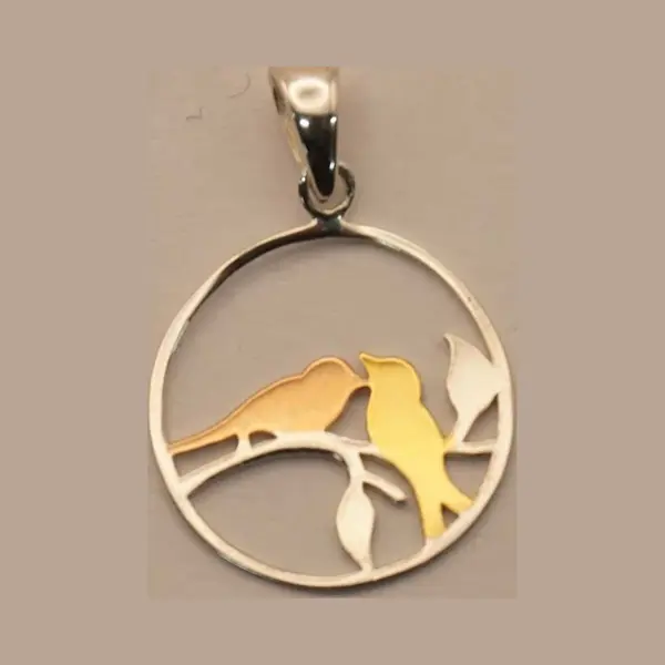Sterling Zilver Hanger Met 1 Micron 18k Geel En Roze Goud Vogels - Vogel Hangertje Van Zilver En Goud - Liefdes Hanger Van 2 Verliefde Vogels Van 925 thumbnail