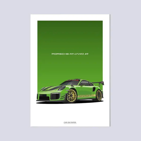 Car On Paper Porsche 911 GT2 Rs Mr Lichtgroen Op Poster - 50 X 70cm - Auto Poster Kinderkamer / Slaapkamer / Kantoor thumbnail