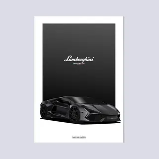 Car On Paper Lamborghini Revuelto Zwart Op Poster - 50 X 70cm - Auto Poster Kinderkamer / Slaapkamer / Kantoor