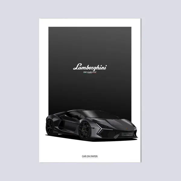 Car On Paper Lamborghini Revuelto Zwart Op Poster - 50 X 70cm - Auto Poster Kinderkamer / Slaapkamer / Kantoor thumbnail