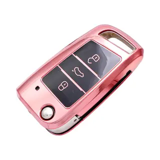 Zachte Tpu Sleutelcover - Metallic Chroom Roze - Sleutelhoesje Geschikt Voor Volkswagen Polo / Golf / 2014 - 2021 / Seat Leon / Seat Ibiza / Golf Gti