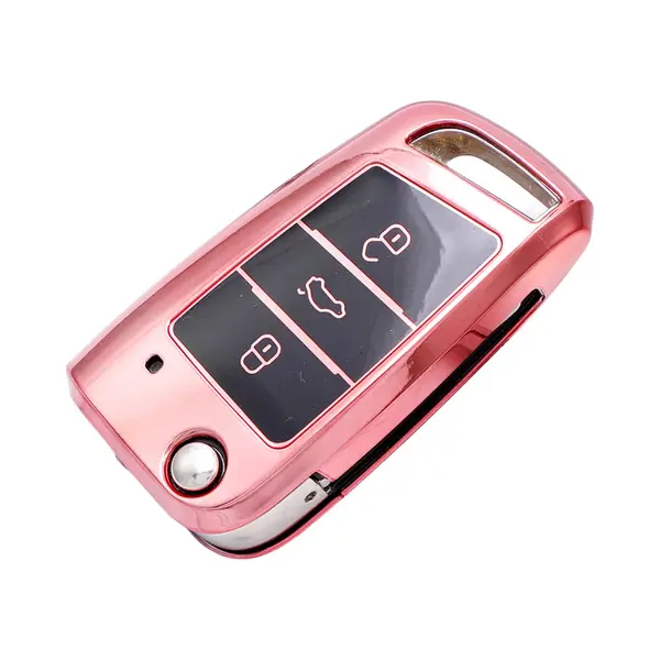 Zachte Tpu Sleutelcover - Metallic Chroom Roze - Sleutelhoesje Geschikt Voor Volkswagen Polo / Golf / 2014 - 2021 / Seat Leon / Seat Ibiza / Golf Gti thumbnail
