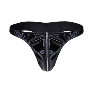 Heren Slip Met Rits - Latex Look - String Zwart - Sexy Design - Mannen String - Ondergoed Maat L