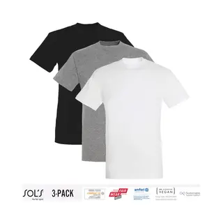 3 Pack Sol's Heren T-Shirt 100% Biologisch Katoen Ronde Hals Zwart, Grijs En Wit Maat L