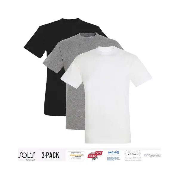 3 Pack Sol's Heren T-Shirt 100% Biologisch Katoen Ronde Hals Zwart, Grijs En Wit Maat L thumbnail