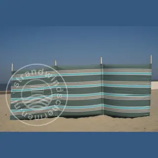 strandwindschermen.nl Strand Windscherm 4 Meter Dralon Grijs/Taupe/Turquoise Met Houten Stokken