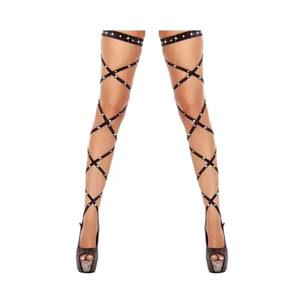 Sexy Wrap Kousen – Verleidelijke Stay-Up Stockings Met Veters – One Size – Zwart Met Steentjes – Luxe Erotische Lingerie - Veters Benen Hakken thumbnail