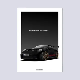 Car On Paper Porsche 911 GT3 Rs Zwart Poster - Autoposter 70 X 50 Cm | Kinderkamer | Slaapkamer | Kantoor