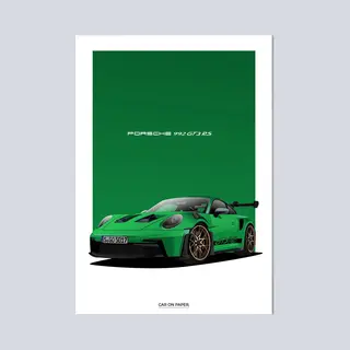 Car On Paper Porsche 911 GT3 Rs Groen Poster - Autoposter A4 (21 X 29, 7 Cm) | Kinderkamer | Slaapkamer | Kantoor