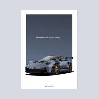 Car On Paper Porsche 911 GT3 Rs Grijs Poster - Autoposter A4 (21 X 29, 7 Cm) | Kinderkamer | Slaapkamer | Kantoor