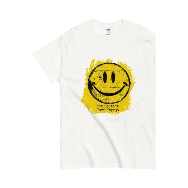 Gildan Not Perfect Just Happy T Shirt - Dames En Heren - Grunge Smiley Opdruk - Wit - 2XL thumbnail