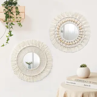 2 Stuks Macramé Hangende Wandspiegel Met Geweven Franjes, Boho, Ronde Decoratieve Spiegel Voor Woning, Slaapkamer, Woonkamer, Wooncultuur