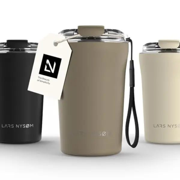 Lars NysØM Thermo Coffee Mug-to-go With Strap 13oz | Travel Mug 0.38 Liter With Insulation | Leak Proof Stainless Steel Thermal Tumbler For Coffee thumbnail
