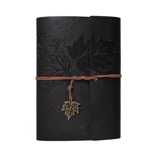 Vintage Lederen Notitieboek - Met Esdoornbladpatroon - 16.5x23.5 Cm - 80 Vellen Papier - 6-ringsband - Journal - Schetsboek - A5 - Navulbaar - Cadeau