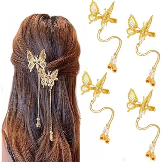 4 Stuks (goud) Kwastje Vlinder Haarclips - Hoofddeksels, haarspeldje, Accessoires - Voor Dames En Meisjes - Haarstuk Voor Bruid -