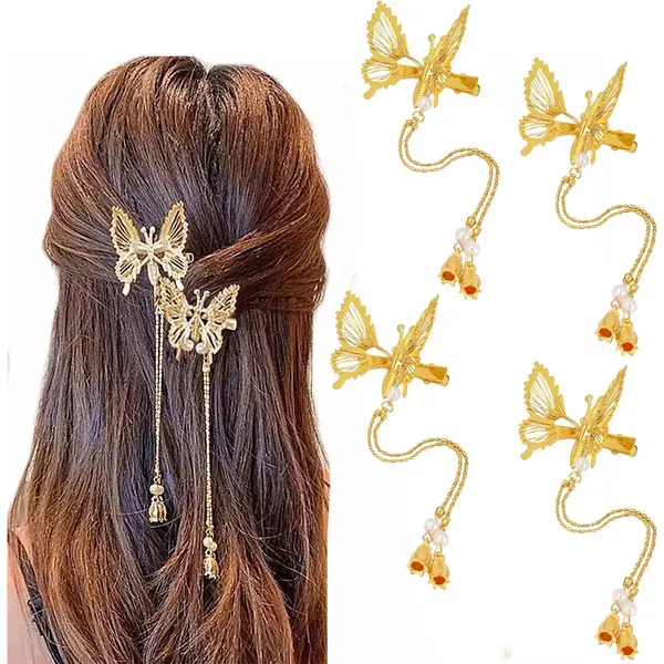 4 Stuks (goud) Kwastje Vlinder Haarclips - Hoofddeksels, haarspeldje, Accessoires - Voor Dames En Meisjes - Haarstuk Voor Bruid - thumbnail