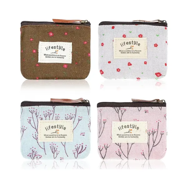4-delige Mini-make-uptas - Linnen Bloementas - Kleine Make-uptas - Met Rits - Draagbare Toilettas-organizer - Leuke Portemonnee-organizer - Stoffen thumbnail