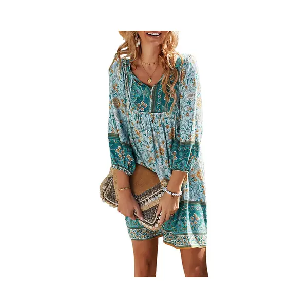 Boho Zomerjurk Groen M - Bloemenprint Tuniekjurk - Vintage Strandjurk - Comfortabel Ademend Polyester - Voor Dames - 1 Stuk thumbnail