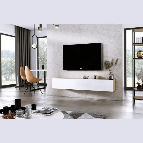 Meubel Square - Tv Meubel Diamond - Eiken / Hoogglans Wit - 180cm - Hangend Tv Kast thumbnail