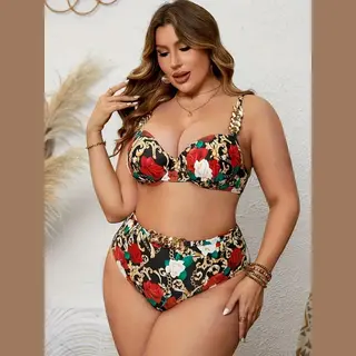 Elegante Plus Size Bikini Set- Voorgevormd Beugel Bikini Bloemenprint Dames Badmode- Kettingdetails En Hoogwaardig Stretchmateriaal Badpak 551-