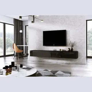 Meubel Square - Tv Meubel Diamond - Zwart / Hoogglans Zwart - 240cm (2x120cm) - Hangend Tv Kast