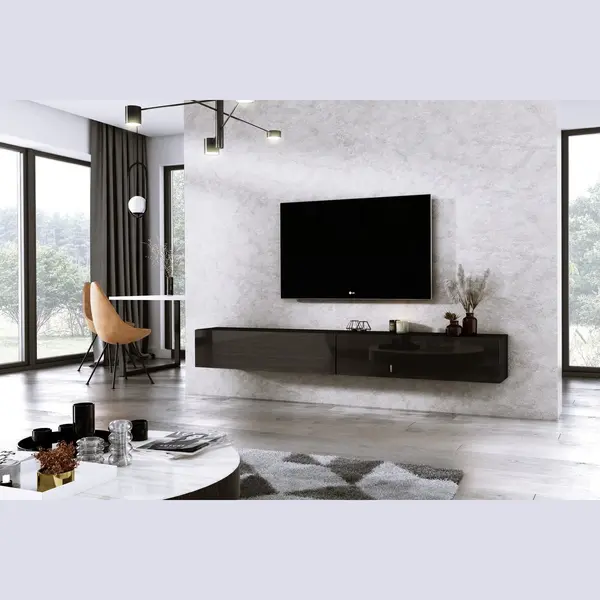 Meubel Square - Tv Meubel Diamond - Zwart / Hoogglans Zwart - 240cm (2x120cm) - Hangend Tv Kast thumbnail
