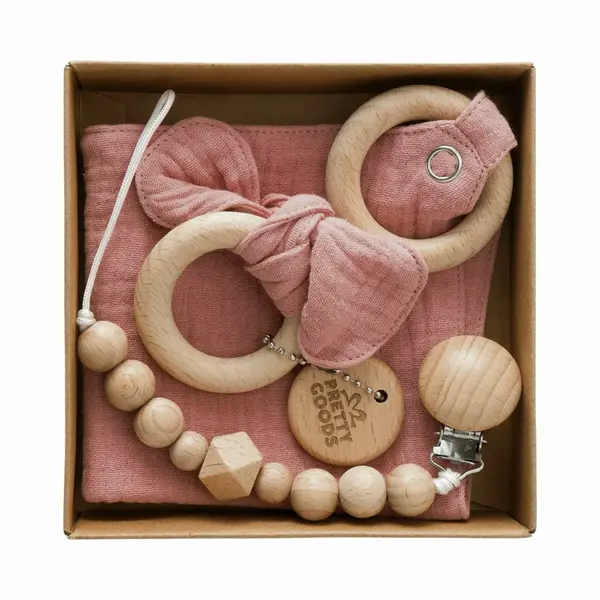 Pretty Goods Baby Cadeau – Kraamcadeau Unisex – 3-delige Geschenkset Met Bijtring, Speenkoord & Knuffeldoekje – Babyshower / Gender Reveal - Roze thumbnail