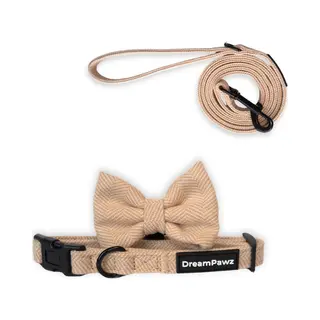 DreamPawz - 3-Delige Set Van Halsband Met Strik & Leiband - Visgraat - Kleine Tot Middelmatige Honden - Beige - S