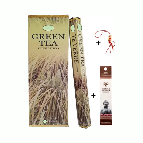 Doos Met 120 Stokjes - Wierook - Wierookstokjes - Incense Sticks - Groene Thee - Green Tea + 5 Mini Wierookstokjes + Gelukspoppetje thumbnail