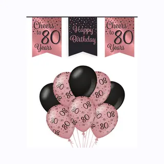 80 Jaar Verjaardag Decoratie Versiering - Feest Versiering - Vlaggenlijn - Ballonnen - Man & Vrouw - Rosé En Zwart