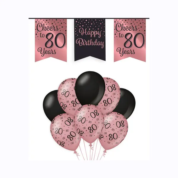 80 Jaar Verjaardag Decoratie Versiering - Feest Versiering - Vlaggenlijn - Ballonnen - Man & Vrouw - Rosé En Zwart thumbnail
