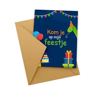 Kleurmedia Uitnodiging Kinderfeestje + Enveloppen 10 Stuks - Dino Blauw - Beschrijfbaar - Uitnodigingskaarten - Uitnodiging Verjaardag - Uitnodiging Verjaardag
