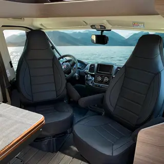 Auto Interieur Meester Stoelhoezen Voor Fiat Ducato Caravan / Camper In Pasvorm, Set Van 2 Stuks - Bestuurder 1 + 1 Passagierszijde | Met Armleuning Hoezen | CBS103 | Zwart