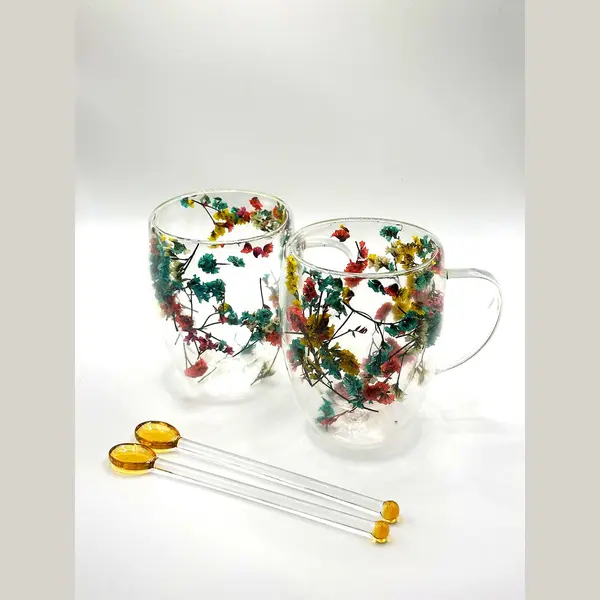 Sham's Art 2 Unieke Handgemaakte Dubbelwand Koffie En Theeglazen Met Gedroogde Bloemen - 350ml - Inclusief 2x Lepels - Latte Macchiato Glazen - Cappuccino Glazen thumbnail