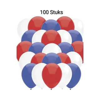 PartyXplosion 100 X Rood/ Wit/ Blauw Ballonnen 100% Biologisch Afbreekbaar , 30 Cm Doorsnee, Koningsdag, Voetbal, Verjaardag, Themafeest, Versiering
