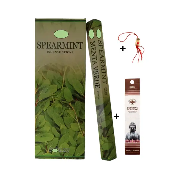 Doos Met 120 Stokjes - Wierook - Wierookstokjes - Incense Sticks - Spearmint - Aarmunt + 5 Mini Wierookstokjes + Gelukspoppetje thumbnail