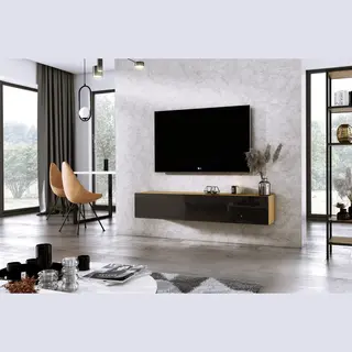 Meubel Square - Tv Meubel Diamond - Eiken / Hoogglans Zwart - 150cm - Hangend Tv Kast
