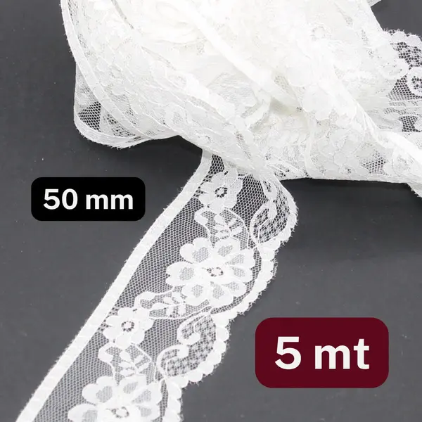 5 Meter Nylon Lint Met Bloemen Design, Breedte 50MM, Kleur Wit thumbnail