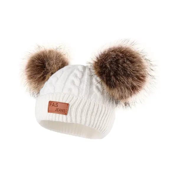Wintermuts Kind - Beanie Kind - Muts Kind - Winter Accessoires - 1 Tot 5 Jaar- Muts Kind Wit- Muts Met Twee Pompons thumbnail