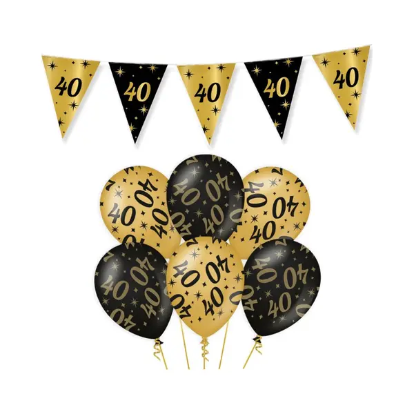 40 Jaar Verjaardag Decoratie Versiering - Feest Versiering - Vlaggenlijn - Ballonnen - Man & Vrouw - Zwart En Goud thumbnail